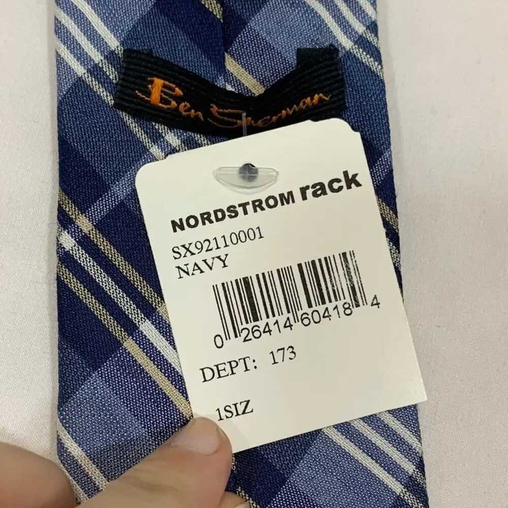 Ben Sherman Plaid Linen Silk Blend Tie NWT Sz OS Blue Business Preppy Party